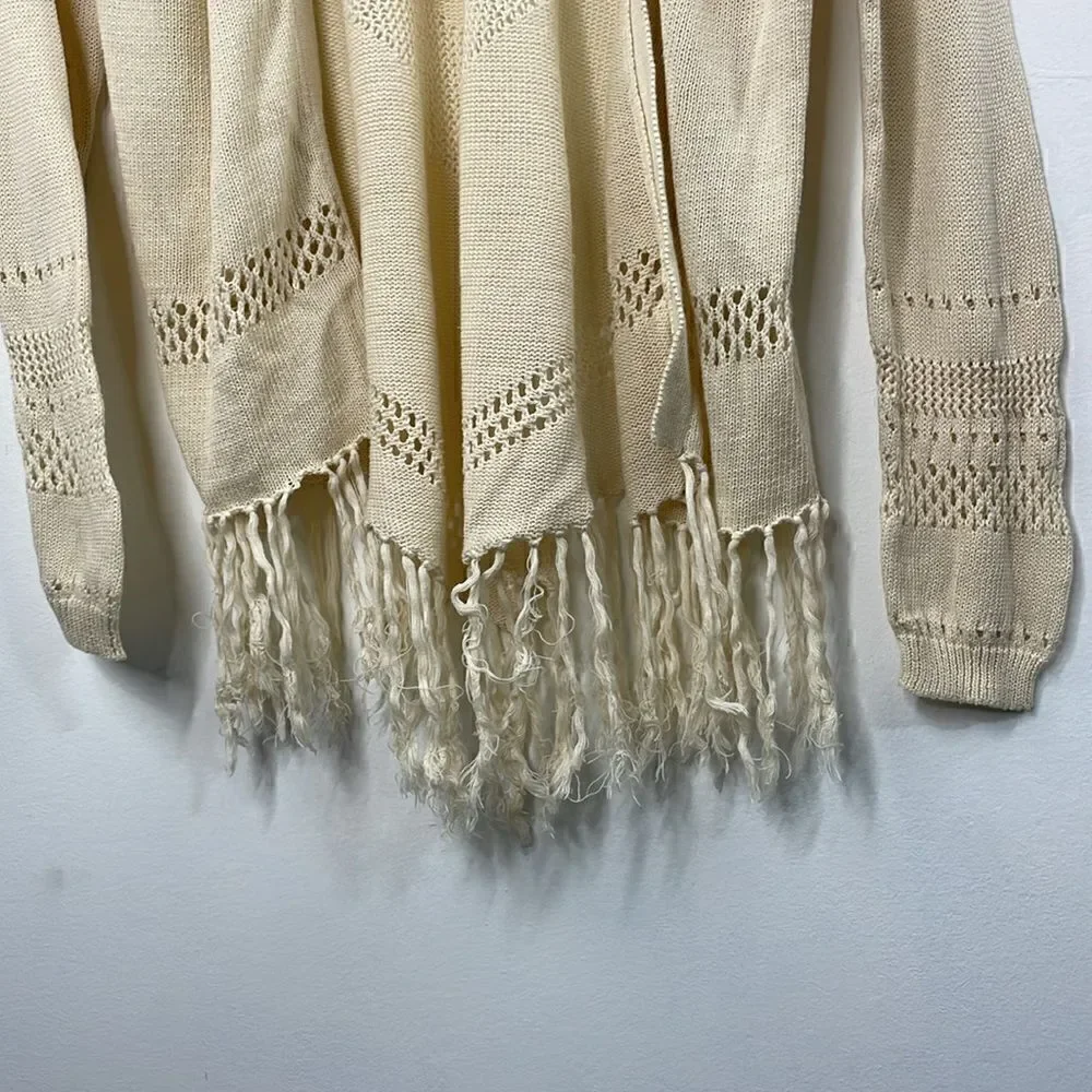 Wild Pearl Open Cardigan with fringe boho cotton crochet design Large cream